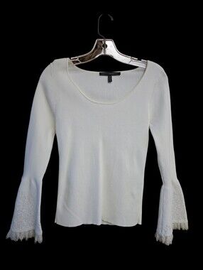 White House Black Market White Ribbed Scoop Neck Top with Lace Bell Sleeves